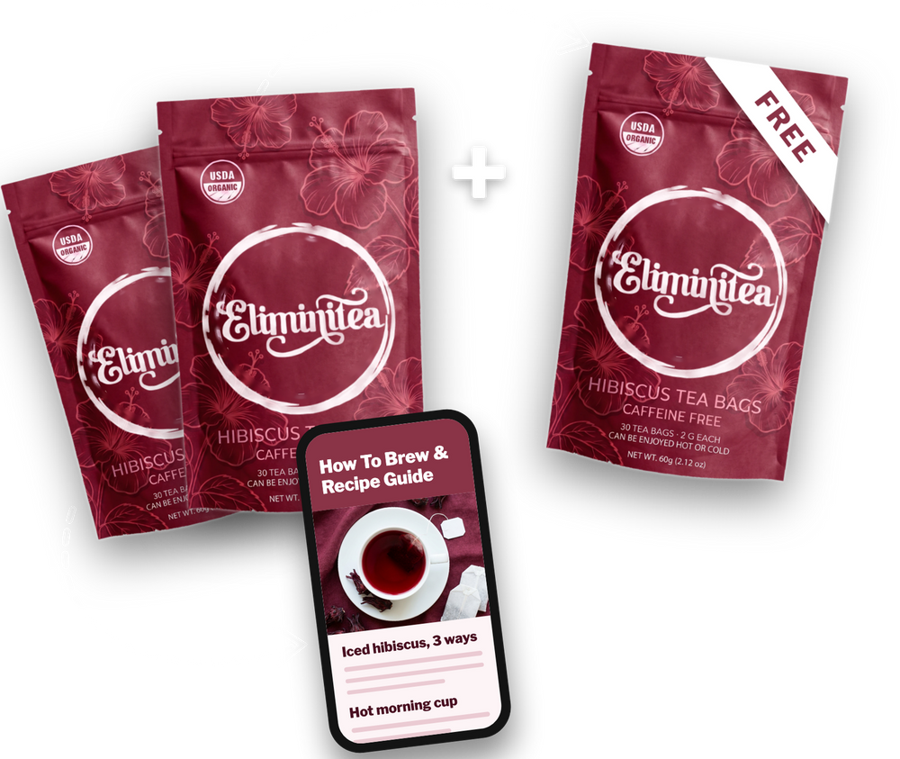 Three Eliminitea pouches, the third free, and the brew and recipe guide