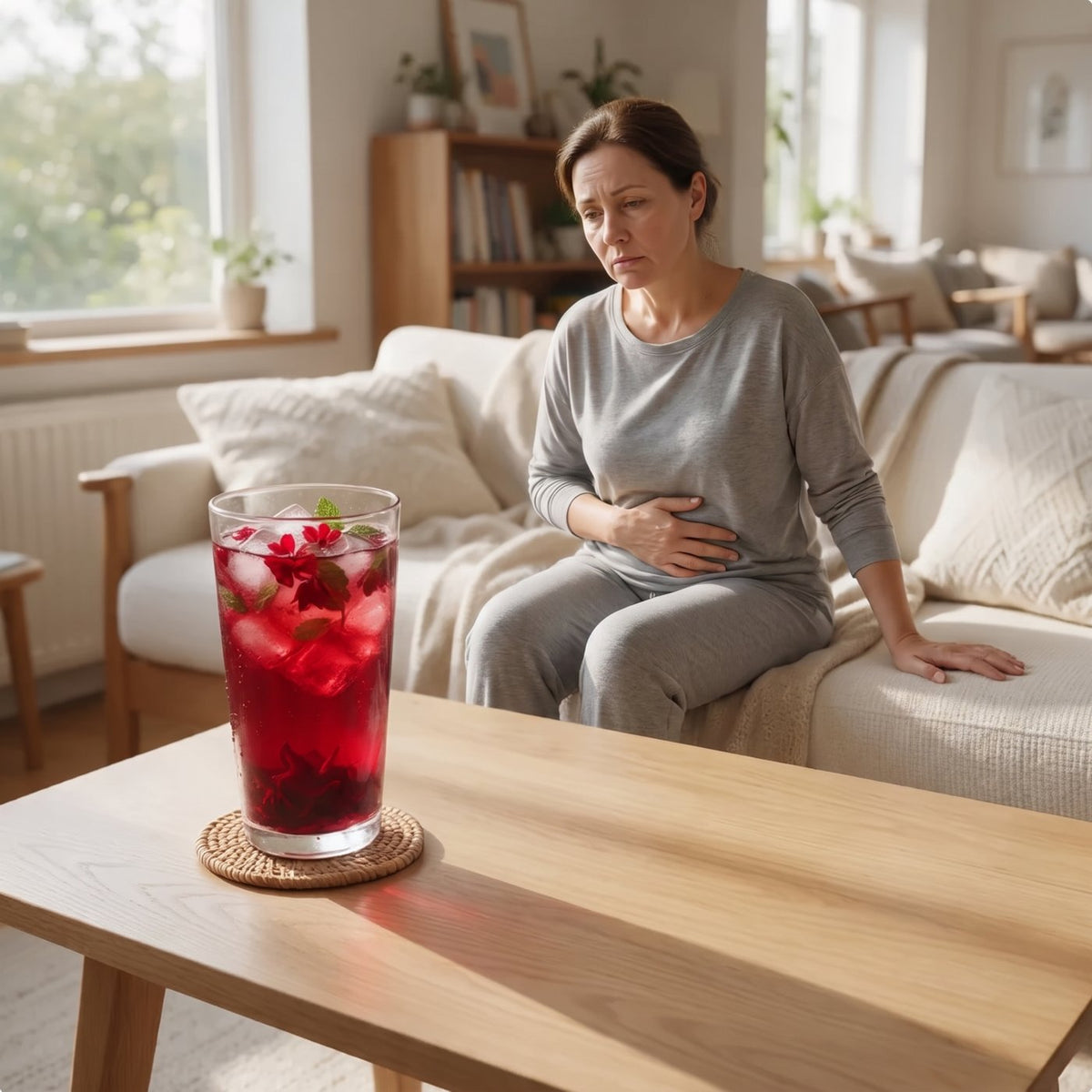 Woman on a sofa with her hand on her stomach, a glass of iced hibiscus tea on the table