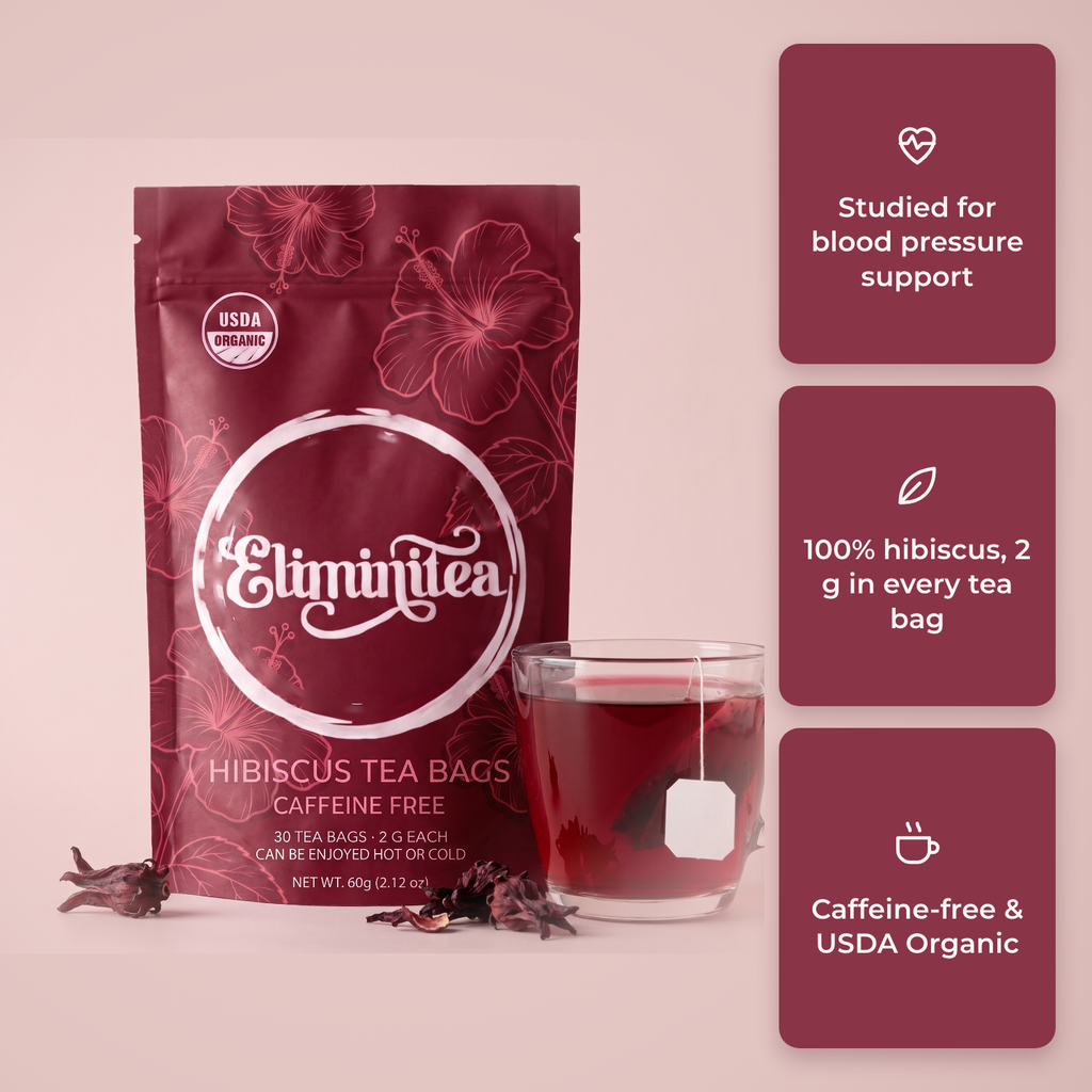 Eliminitea hibiscus tea bags: studied for blood pressure support, 100% hibiscus with 2 g per bag, caffeine-free and USDA Organic