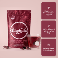 Eliminitea hibiscus tea bags: studied for blood pressure support, 100% hibiscus with 2 g per bag, caffeine-free and USDA Organic