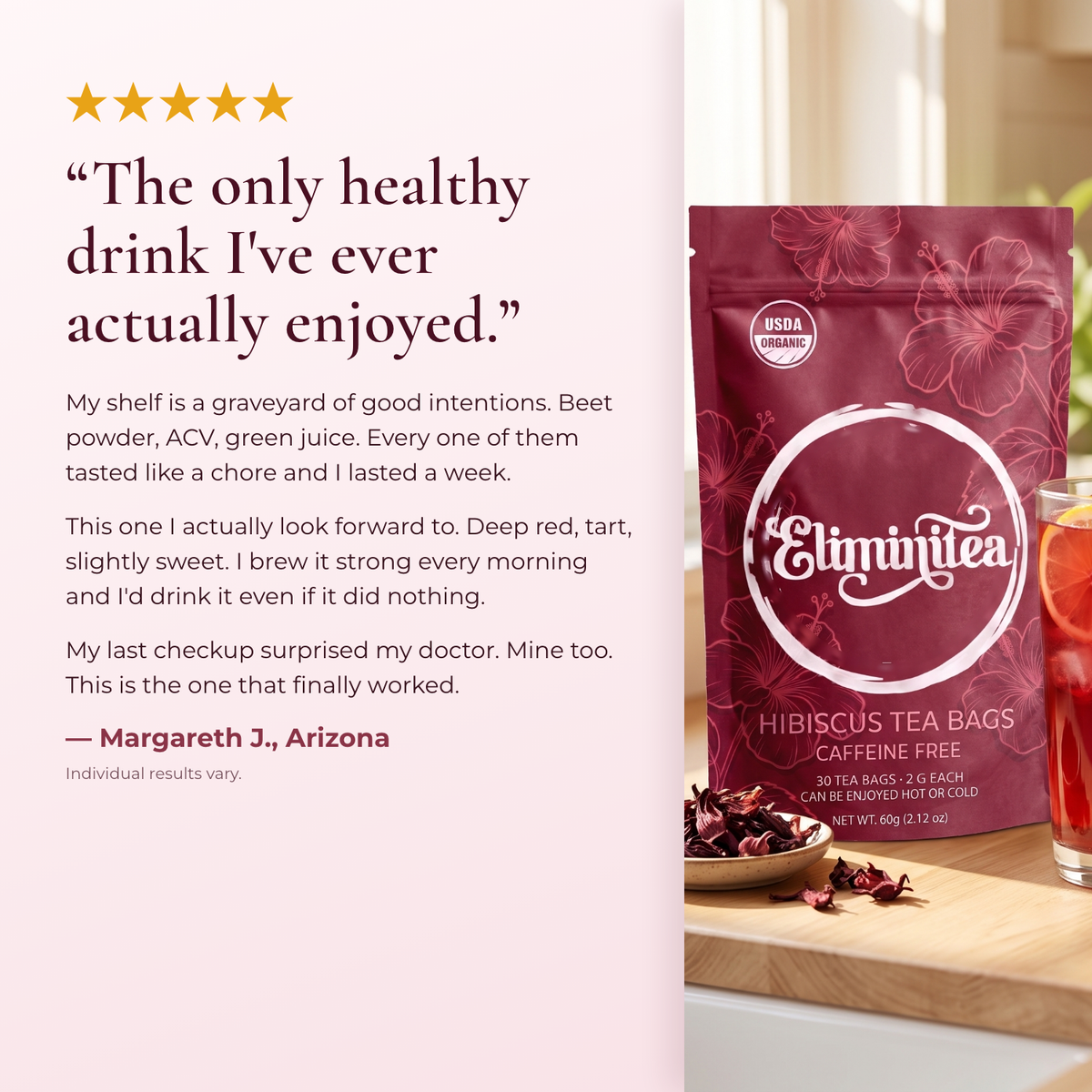 Customer review from Margareth J., Arizona: the only healthy drink I've ever actually enjoyed