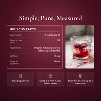 Hibiscus facts: 1 tea bag of 2 g per serving, 30 servings, 0 mg caffeine, and how to brew