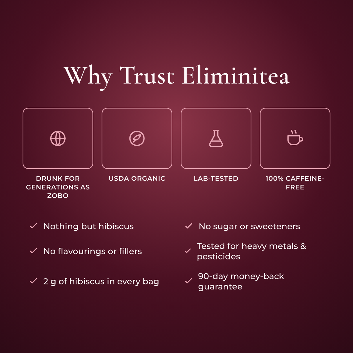 Why trust Eliminitea: USDA Organic, lab-tested, caffeine-free, no sugar or fillers